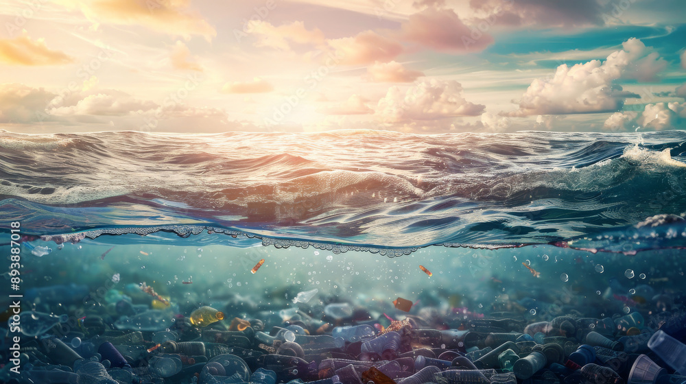 Ocean sunset with plastic debris floating below the surface, highlighting the contrast between natural beauty and pollution. Ocean sunset with plastic debris floating below the surface, highlighting the contrast between natural beauty and pollution.