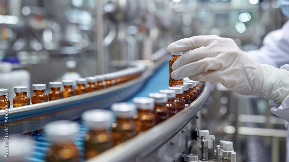 Close-up of hands in white sanitary gloves inspecting vials as they move along a conveyor belt in a medical pharmaceutical facility Close-up of hands in white sanitary gloves inspecting vials as they move along a conveyor belt in a medical pharmaceutical facility