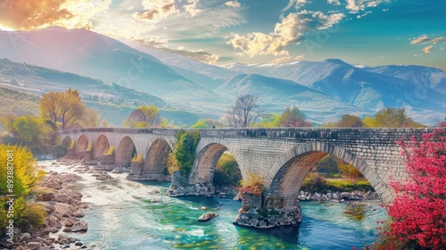 stunning spring view of old mes bridge gorgeous morning landscape of shkoder colorful outdoor scene of albania europe traveling concept background photo