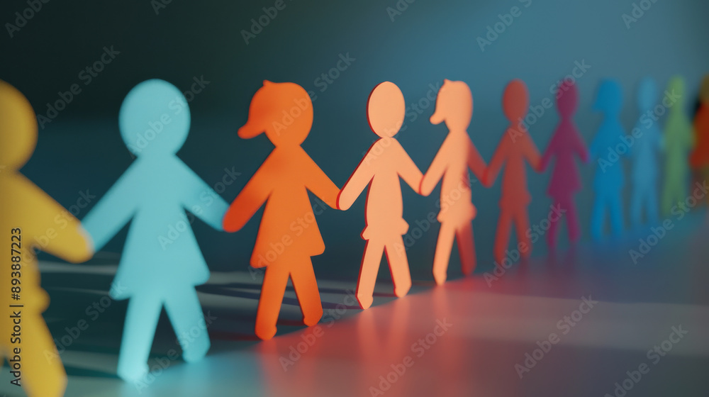 Paper cut-out figures in a row, holding hands, symbolizing unity and teamwork with a vibrant, multi-colored gradient effect. Paper cut-out figures in a row, holding hands, symbolizing unity and teamwork with a vibrant, multi-colored gradient effect.
