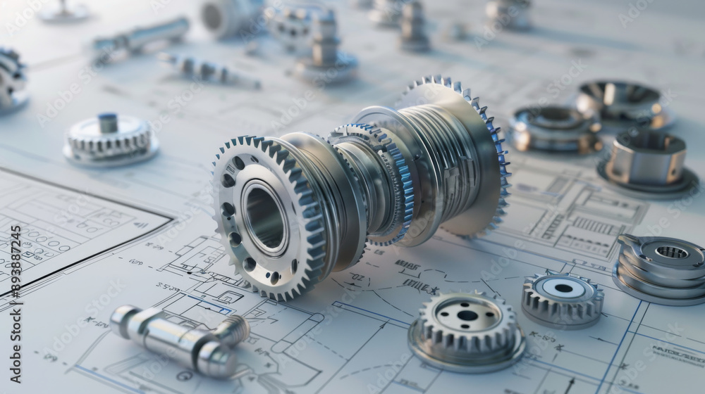 Detailed mechanical gears and parts laid out over blueprints, highlighting the intricacies and precision of engineering design. Detailed mechanical gears and parts laid out over blueprints, highlighting the intricacies and precision of engineering design.