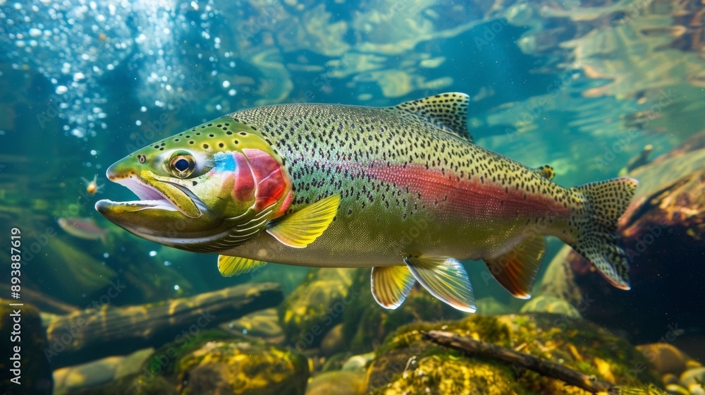Colorful rainbow trout swimming underwater in a clear river with rocks and sunlight. Colorful rainbow trout swimming underwater in a clear river with rocks and sunlight.