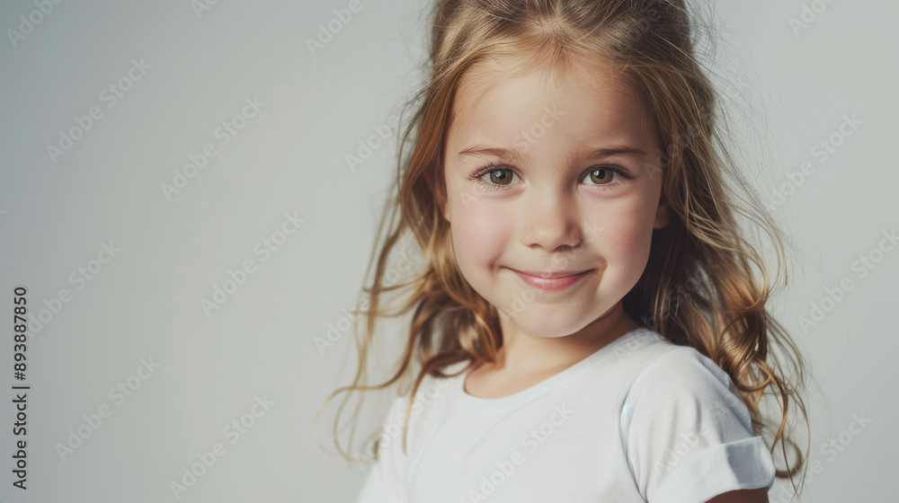 A smiling young girl with long wavy hair in a white shirt stands against a light background, radiating purity and happiness. A smiling young girl with long wavy hair in a white shirt stands against a light background, radiating purity and happiness.