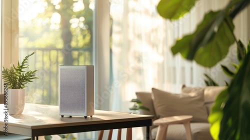 Decorated table near bright wall with air purifier