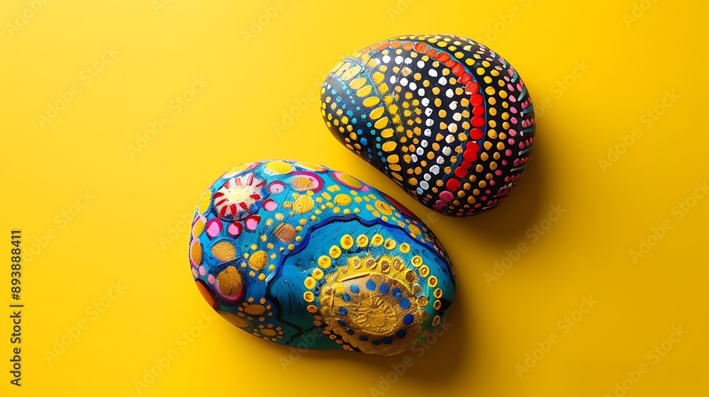 Two Painted Stones on a Yellow Background Two Painted Stones on a Yellow Background