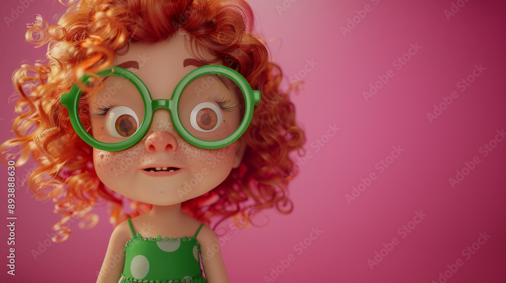 Fototapeta premium A close-up of a happy animated girl in green glasses and polka dot dress against a vibrant pink background, radiating innocence and delight.
