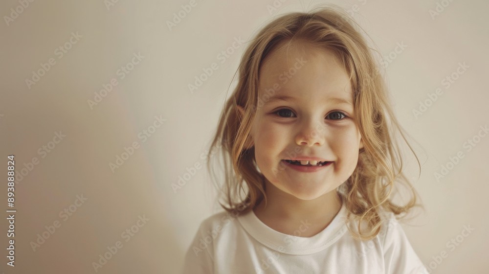 A blonde girl with a big smile, wearing a white t-shirt, stands against a lightly lit background, capturing a moment of pure innocence and joy. A blonde girl with a big smile, wearing a white t-shirt, stands against a lightly lit background, capturing a moment of pure innocence and joy.