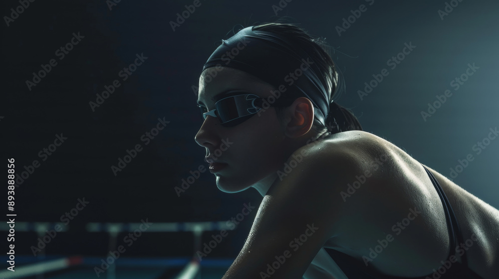 A determined swimmer in a swanky swim cap and goggles, poised for her next swim as she drips with pool water under a focused, low-light ambiance. A determined swimmer in a swanky swim cap and goggles, poised for her next swim as she drips with pool water under a focused, low-light ambiance.