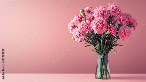 Beautiful Bouquet of Pink Carnations in a Glass Vase Against a Soft Pink Background