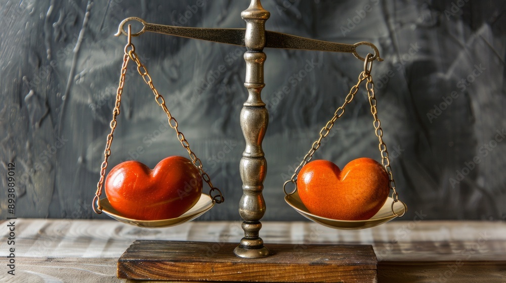 Balance scale weighing two red hearts representing love equilibrium