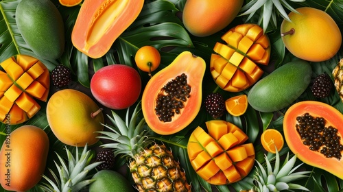 A seamless pattern featuring a variety of tropical fruits like pineapples, mangos, and papayas, with green leaves interspersed, high-resolution photo, realistic photo, hyper realistic