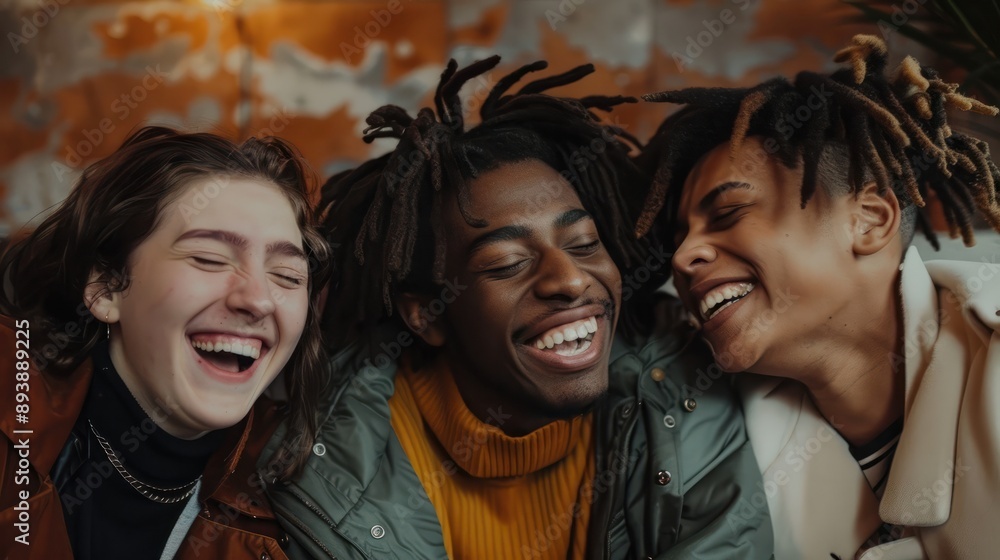 Three people are smiling and laughing together in a room Three people are smiling and laughing together in a room
