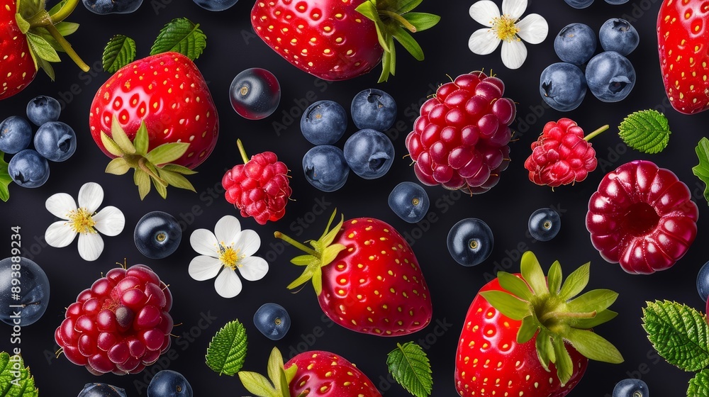 A seamless pattern featuring assorted berries with leaves and flowers, on a dark background, high-resolution photo, realistic photo, hyper realistic A seamless pattern featuring assorted berries with leaves and flowers, on a dark background, high-resolution photo, realistic photo, hyper realistic
