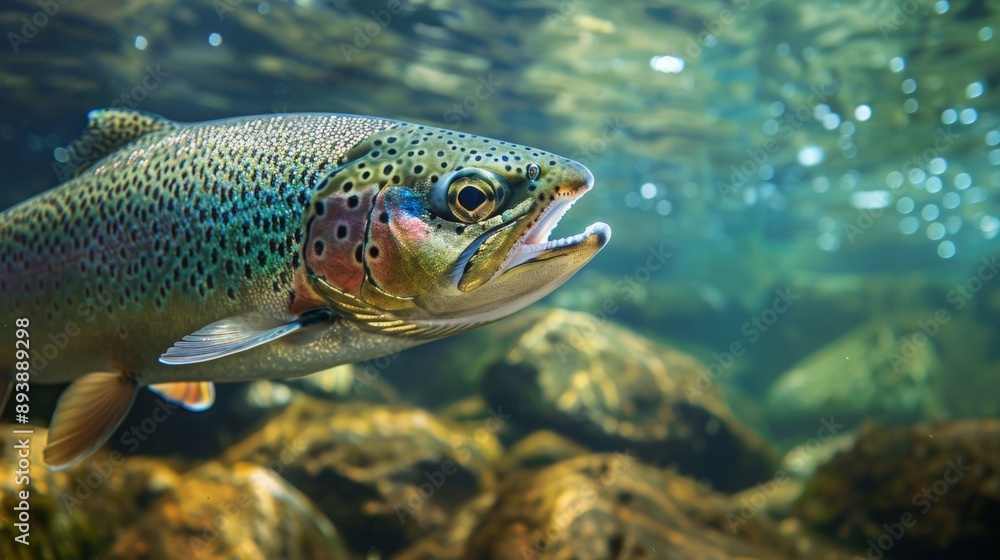 Fototapeta premium Detailed close-up of a colorful rainbow trout swimming underwater in a clear, rocky river