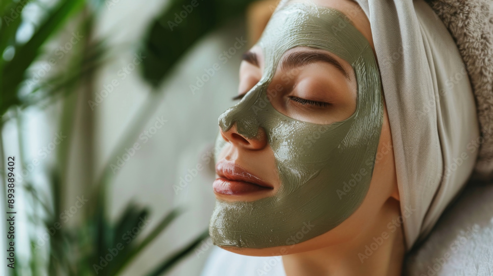 A close-up of a person's face at a spa, covered in a green clay mask and exuding relaxation, with a green plant in the background. A close-up of a person's face at a spa, covered in a green clay mask and exuding relaxation, with a green plant in the background.