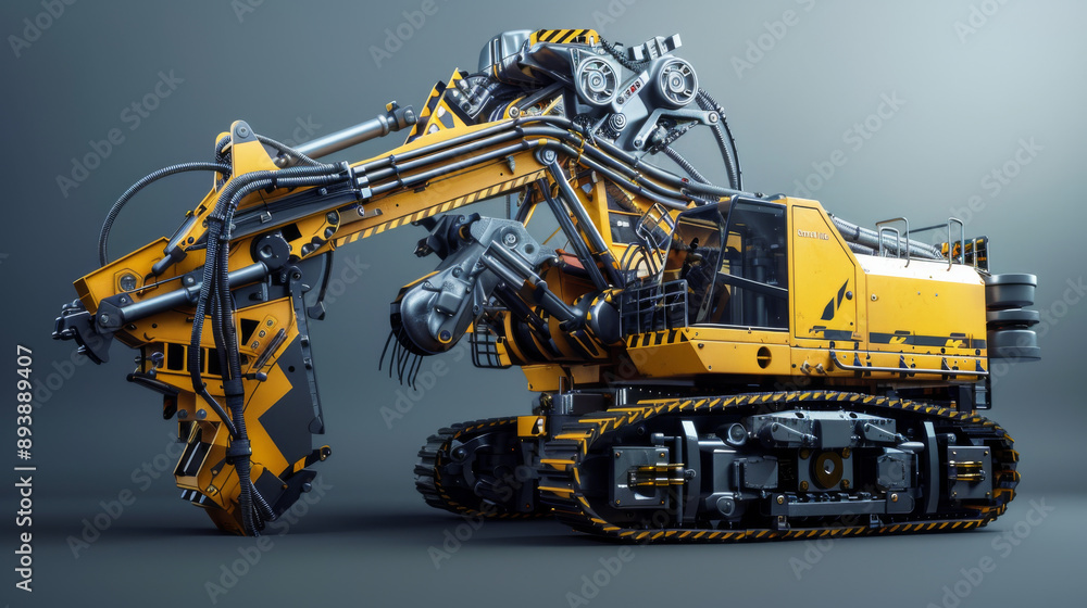Obraz premium A futuristic yellow industrial machine, detailed and robust, showcased under dramatic lighting, evoking technological sophistication.