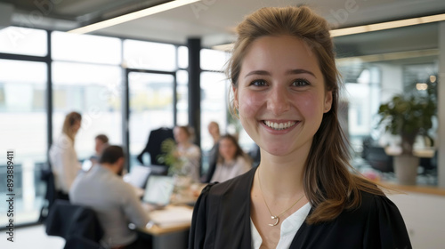 A cheerful young woman with a glowing smile stands in an open, well-lit office environment, radiating warmth and positivity amidst her colleagues. Free Download A cheerful young woman with a glowing smile stands in an open, well-lit office environment, radiating warmth and positivity amidst her colleagues. - GFXLoad