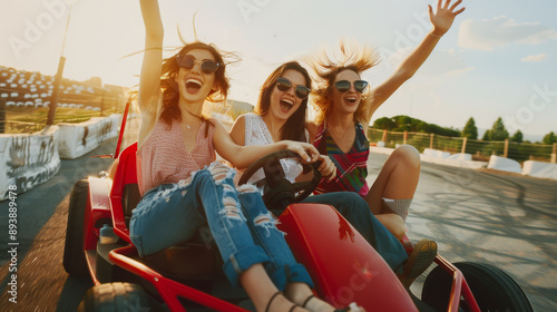 Three women enjoy a fun-filled go-kart ride, their faces radiating excitement and joy as they speed around the track.