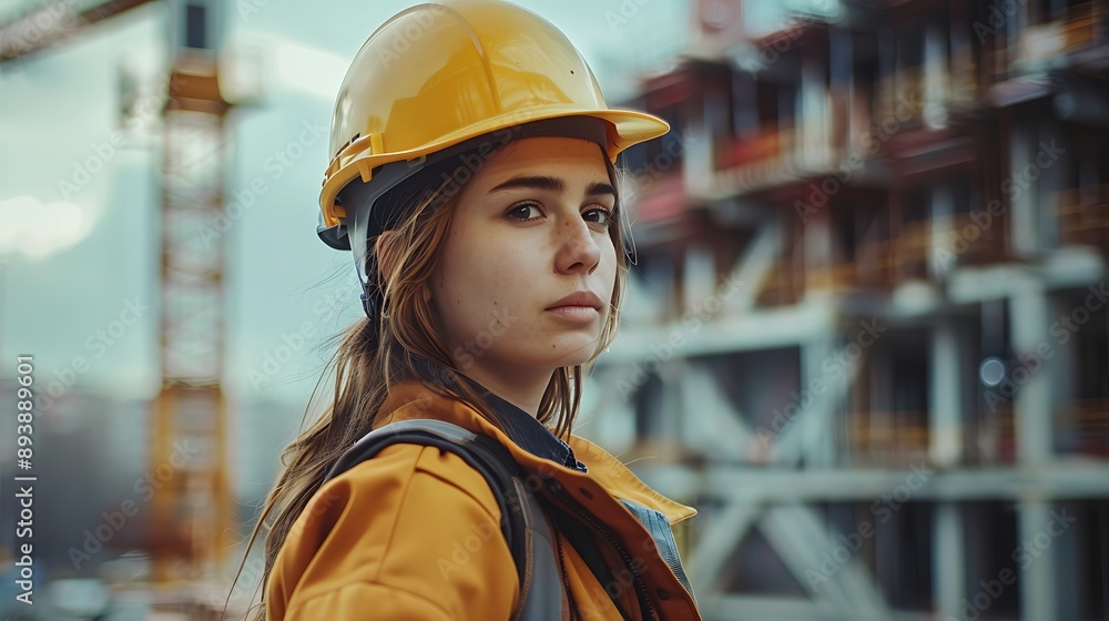A female construction worker on the background of a construction site A female construction worker on the background of a construction site