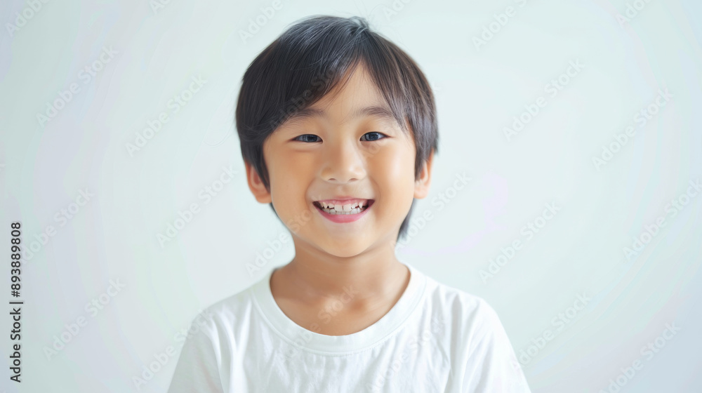 A joyful child with a radiant smile, wearing a white t-shirt and standing against a light-toned background. A joyful child with a radiant smile, wearing a white t-shirt and standing against a light-toned background.