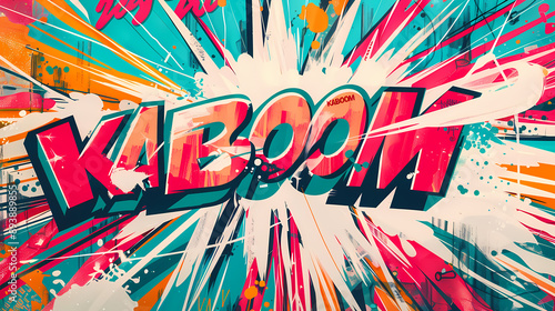 Colorful retro-style pop art images featuring explosive comic book sound effects like 