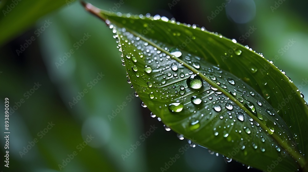 Macro View of Raindrops Adorning the Surface of a Lush Banana Leaf Macro View of Raindrops Adorning the Surface of a Lush Banana Leaf