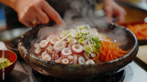 Preparing Japanese style boiled octopus and sliced vegetables photo