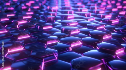 A close-up view of a digital background composed of hexagonal shapes, illuminated with a glowing pink light