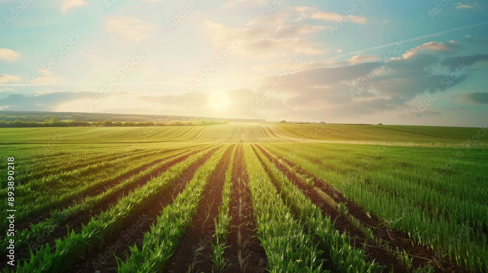 Sunlight sweeps across endless rows of verdant cornfields, meeting the horizon under a pastel sky filled with clouds, capturing serene rural beauty. Sunlight sweeps across endless rows of verdant cornfields, meeting the horizon under a pastel sky filled with clouds, capturing serene rural beauty.