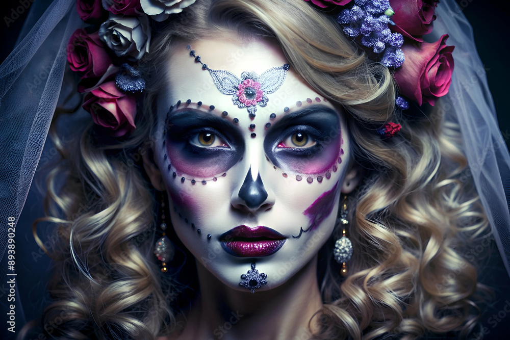 A woman with a face painted in a skeleton design and a veil of flowers. The woman is wearing a red dress and has a pair of earrings. Scene is festive and celebratory A woman with a face painted in a skeleton design and a veil of flowers. The woman is wearing a red dress and has a pair of earrings. Scene is festive and celebratory