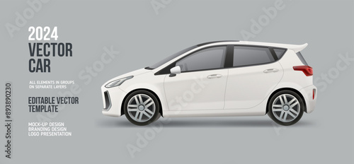 Side view Hatchback Car blank mockup. White Car with space for text or your branding design - editable vector template. Horizontal blank for AD banner on vehicle