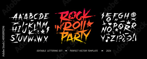 Rock Music Party grunge type font alphabet with signs and symbols vector template. Street Art grunge type font. Punk and Rock n Roll style elements collection for tee print and textile design