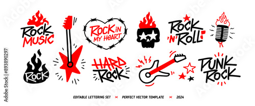 Rock Music Doodle Signs and Elements vector collection. Rock n Roll Party icons set of rockers guitar, skull, fire or flame, microphone, etc. Punk Rock icons collection red and black colors 