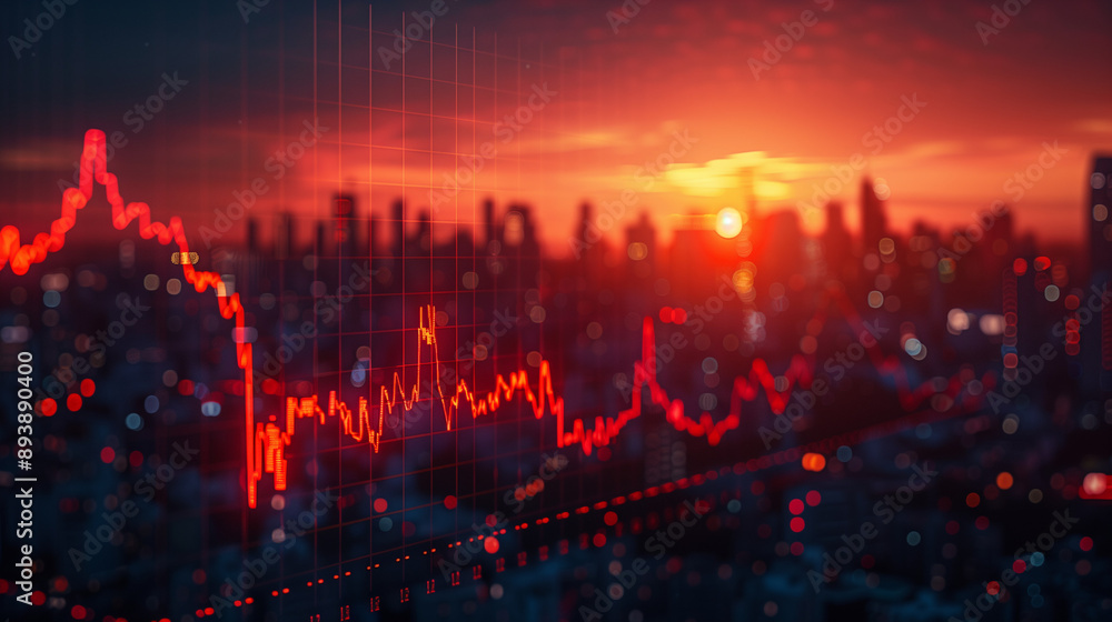Naklejka premium Detailed graph of fluctuating real estate prices against a cityscape backdrop, symbolizing market volatility.
