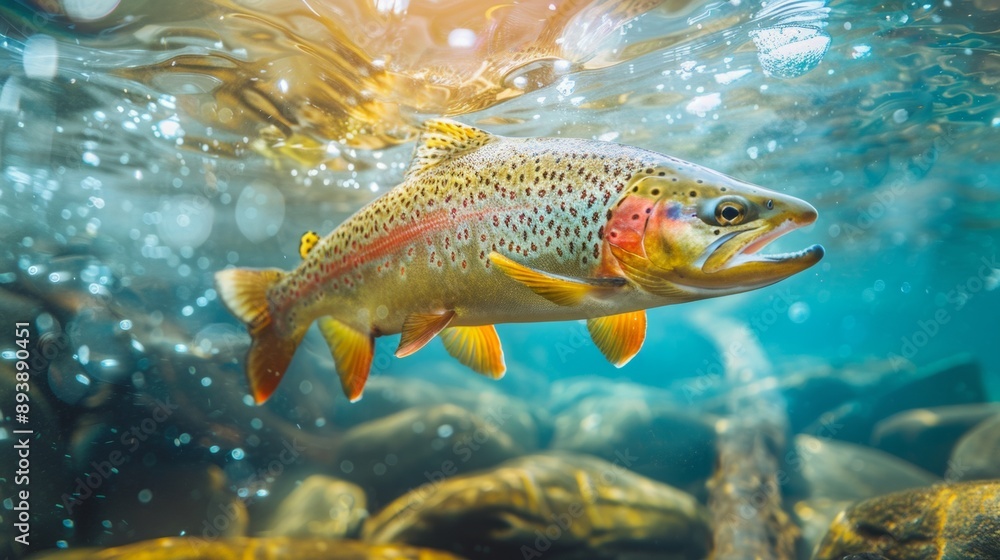 Close-up of a fish trout swimming underwater, showcasing its vibrant colors and detailed scales in a natural habitat. Close-up of a fish trout swimming underwater, showcasing its vibrant colors and detailed scales in a natural habitat.