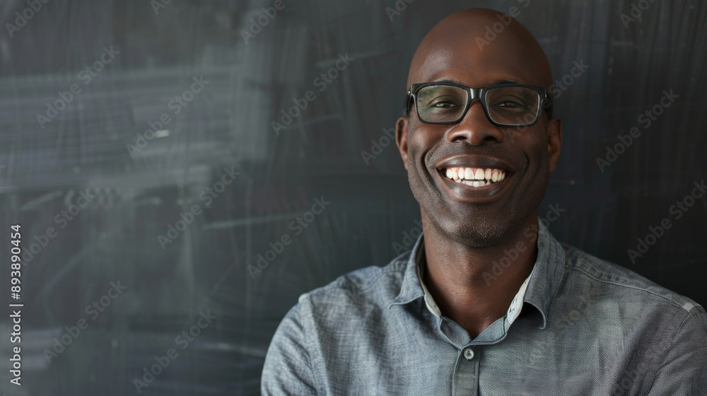 Obraz premium A man with a bright smile and glasses stands confidently against a chalkboard backdrop, exuding warmth and friendliness and possibly in a teaching or academic setting.