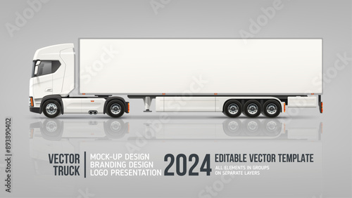 Trailer Truck Side view blank mockup. White Cargo Truck with space for text or your branding design - realistic editable vector template. Horizontal blank mock uo semi truck trailer for AD banner