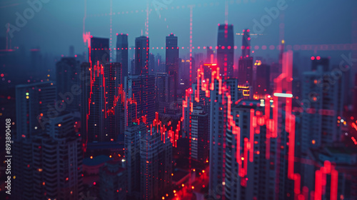 Realistic photo of a graph with rising and falling real estate prices, set against a city skyline, highlighting market volatility.