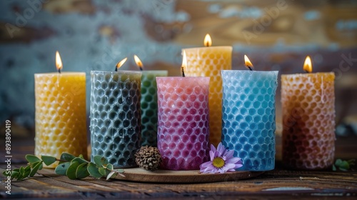 Interior candles of multicolored textured beeswax photo