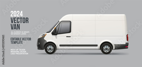 Delivery Gargo Van - editable 3d vector . Side view cargo minibus with space for text mockup for branding design. White Delivery Tuck template 