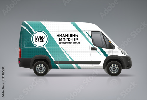 Branding vehicle concept. Side View Van Mock-Up with Branding design of bstract graphics of green stripes. Vector Van with brand identity design. Abstract stripes background for vehicle livery decal