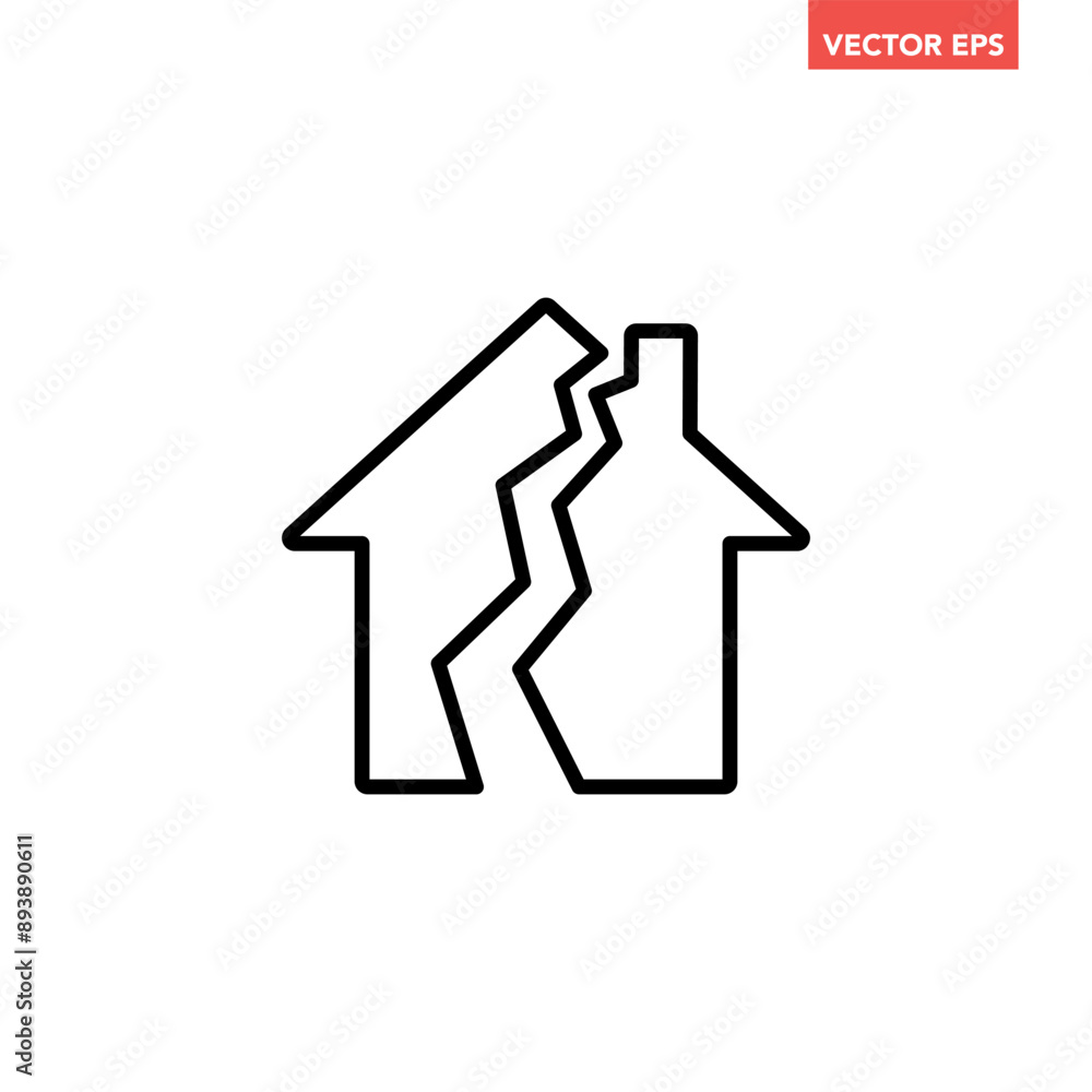 Black single damage house line icon, simple broken family relationship flat design illustration infographic pictogram vector, app logo web button ui ux interface elements isolated on white background Black single damage house line icon, simple broken family relationship flat design illustration infographic pictogram vector, app logo web button ui ux interface elements isolated on white background