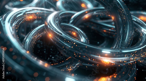 A close-up view of a cluster of futuristic, interlocked metallic rings, surrounded by glowing particles in a dark background