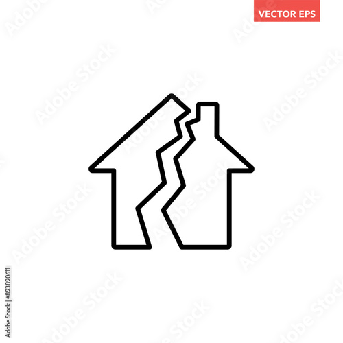 Black single damage house line icon, simple broken family relationship flat design illustration infographic pictogram vector, app logo web button ui ux interface elements isolated on white background