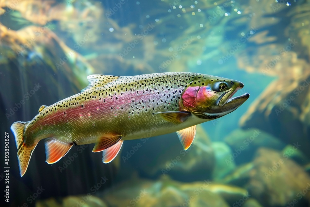 Colorful rainbow trout swimming underwater in a clear river with rocks and sunlight. Colorful rainbow trout swimming underwater in a clear river with rocks and sunlight.