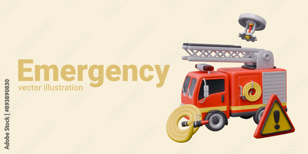Emergency concept. 3D fire engine, sprinkler, hose, attention sign Emergency concept. 3D fire engine, sprinkler, hose, attention sign