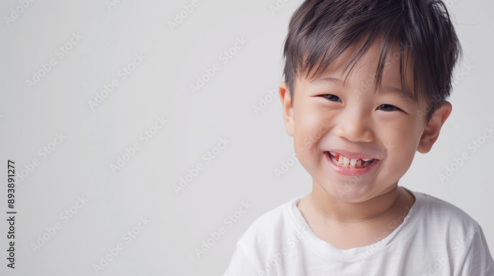A young child grins widely, showing their teeth in a playful expression, dressed in a simple white shirt, against a plain white background. A young child grins widely, showing their teeth in a playful expression, dressed in a simple white shirt, against a plain white background.