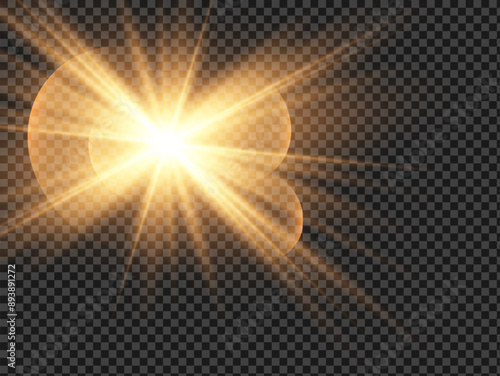 Vector transparent sunlight special lens flash light effect. Abstract sun burst, iridescent glare over black background.
