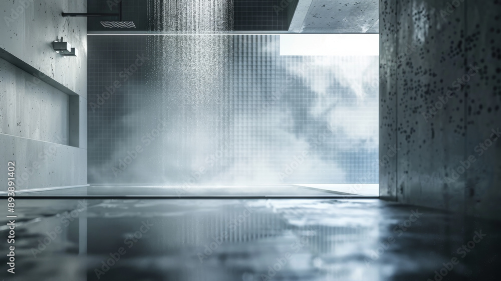 Obraz premium Warm sunlight filters through a high-ceilinged modern bathroom, enhancing the minimalistic beauty of a rainfall shower enveloped in steam.