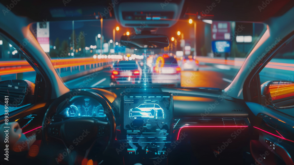 A night-time view inside a high-tech car driving on a busy city highway, complete with futuristic digital displays and augmented reality. A night-time view inside a high-tech car driving on a busy city highway, complete with futuristic digital displays and augmented reality.